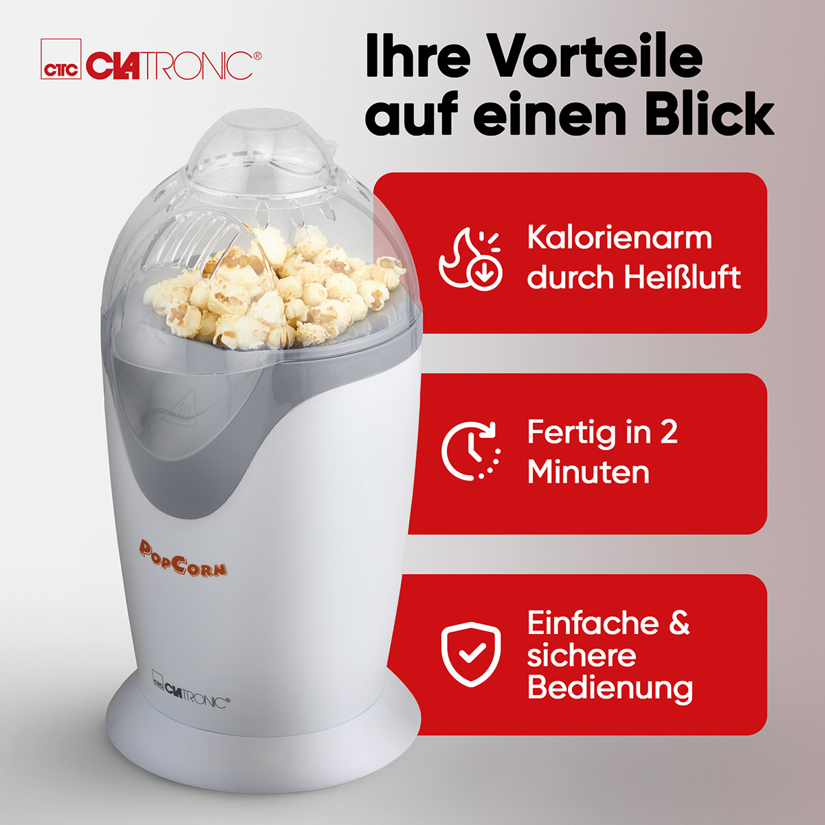 Ein weiß-grauer Popcorn-Maker mit klarem Deckel. Es gibt rote Kästen mit weißem Text, der Funktionen beschreibt.