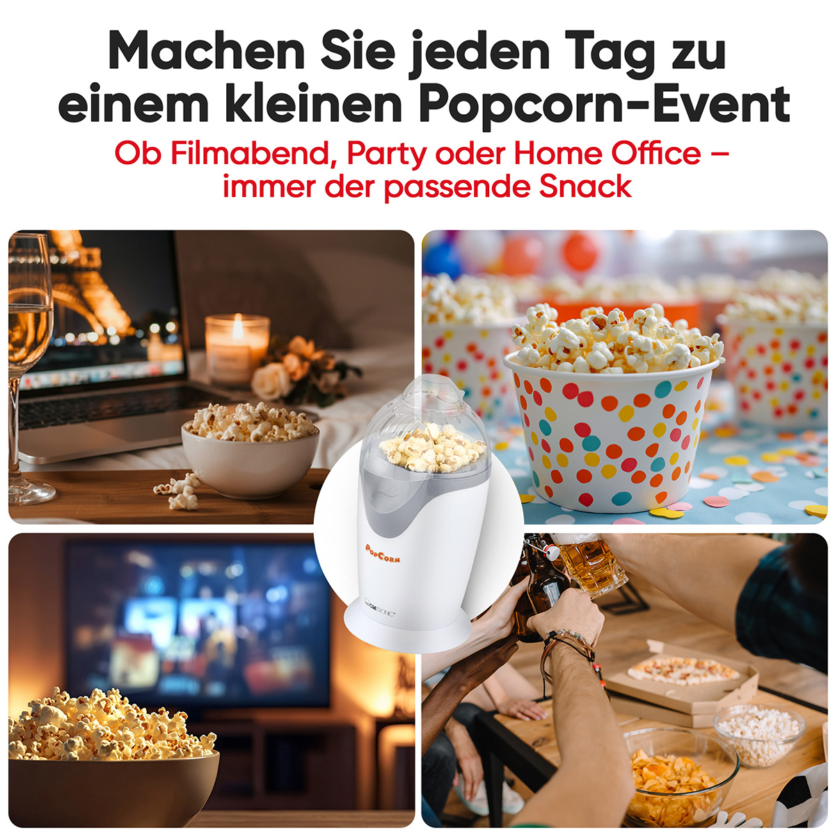 Bild zeigt Popcorn und verschiedene Szenen. Eine mit Laptop, eine in einer Schüssel, eine in einer Popcornmaschine.