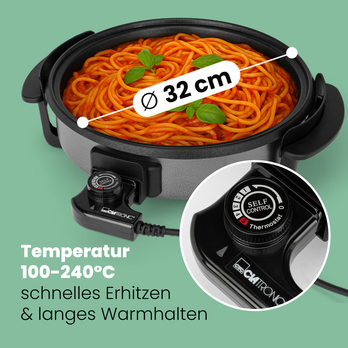 Kuchenka elektryczna ze spaghetti. Średnica 32 cm. Temperatura 100-240°C. Termostat z boku, czarny kolor.