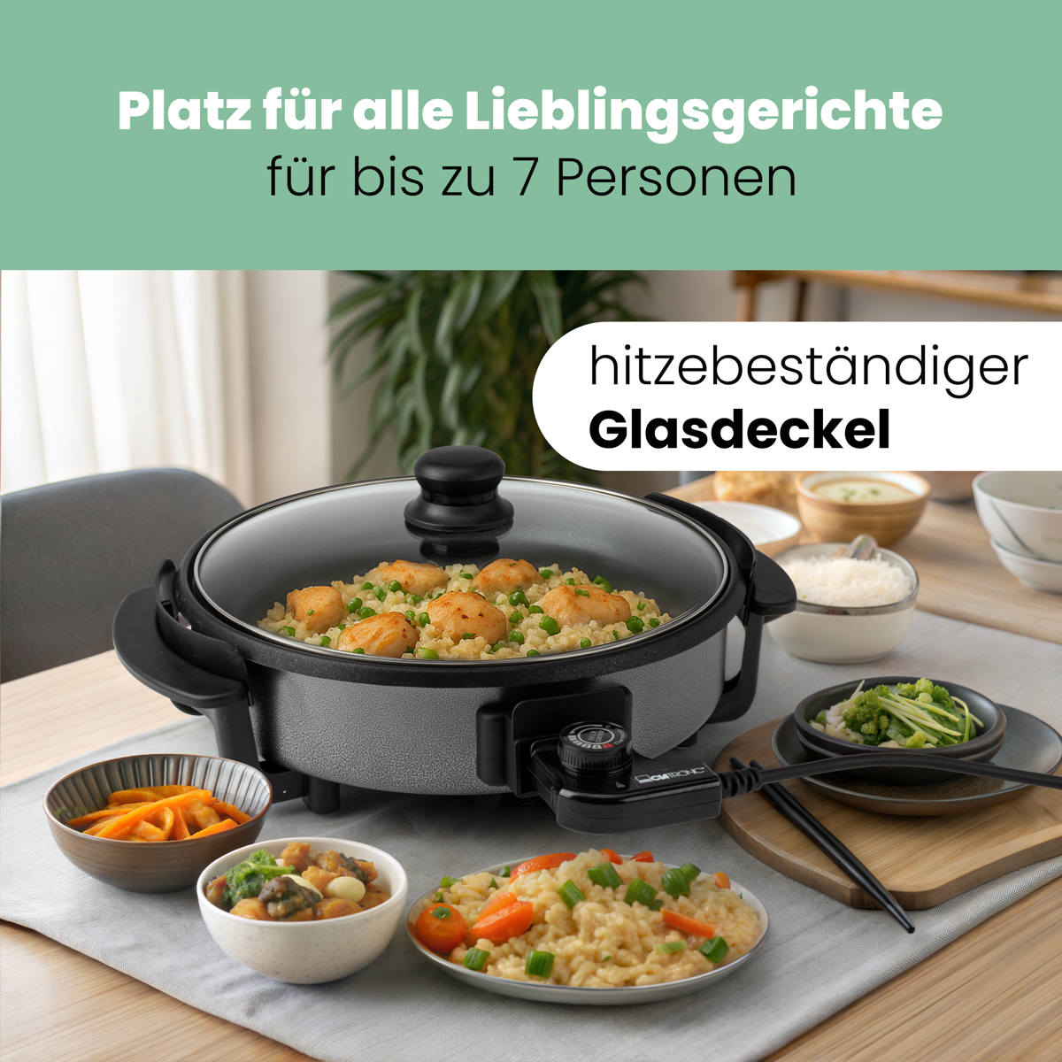 Okrągła patelnia elektryczna z jedzeniem w środku, z talerzami z jedzeniem wokół niej. Tekst: Miejsce na wszystkie ulubione dania.