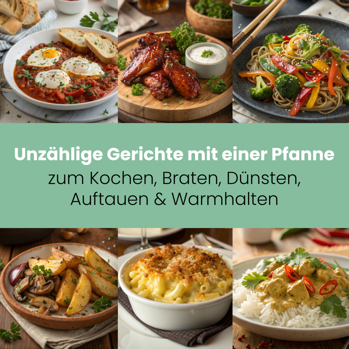 Kolaż różnych potraw na talerzach. Tekst: Niezliczone dania z jedną patelnią do gotowania, smażenia, gotowania na parze, rozmrażania i utrzymywania ciepła.