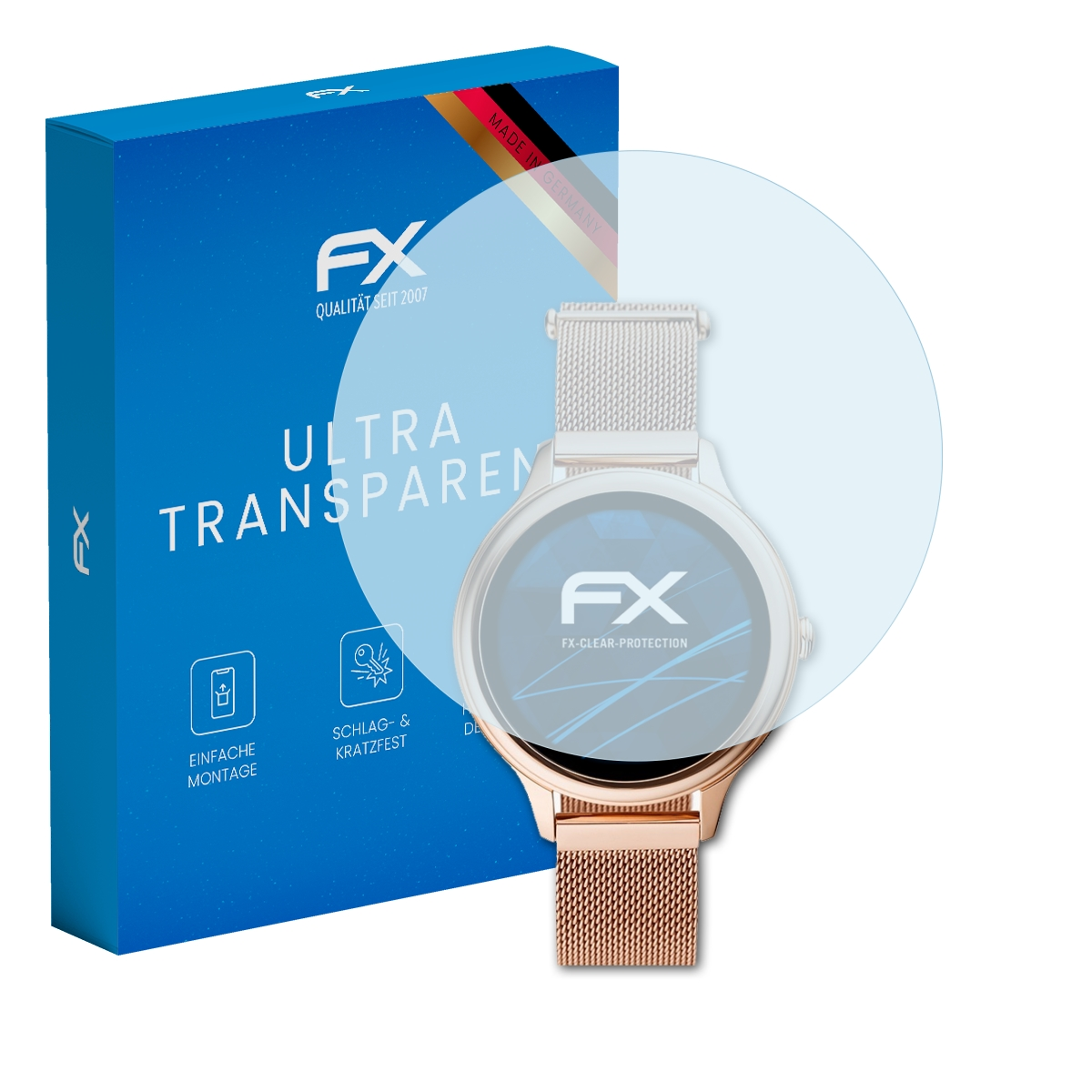 Smartwatch mit Displayschutzfolie und blauer Box mit FX-Logo.