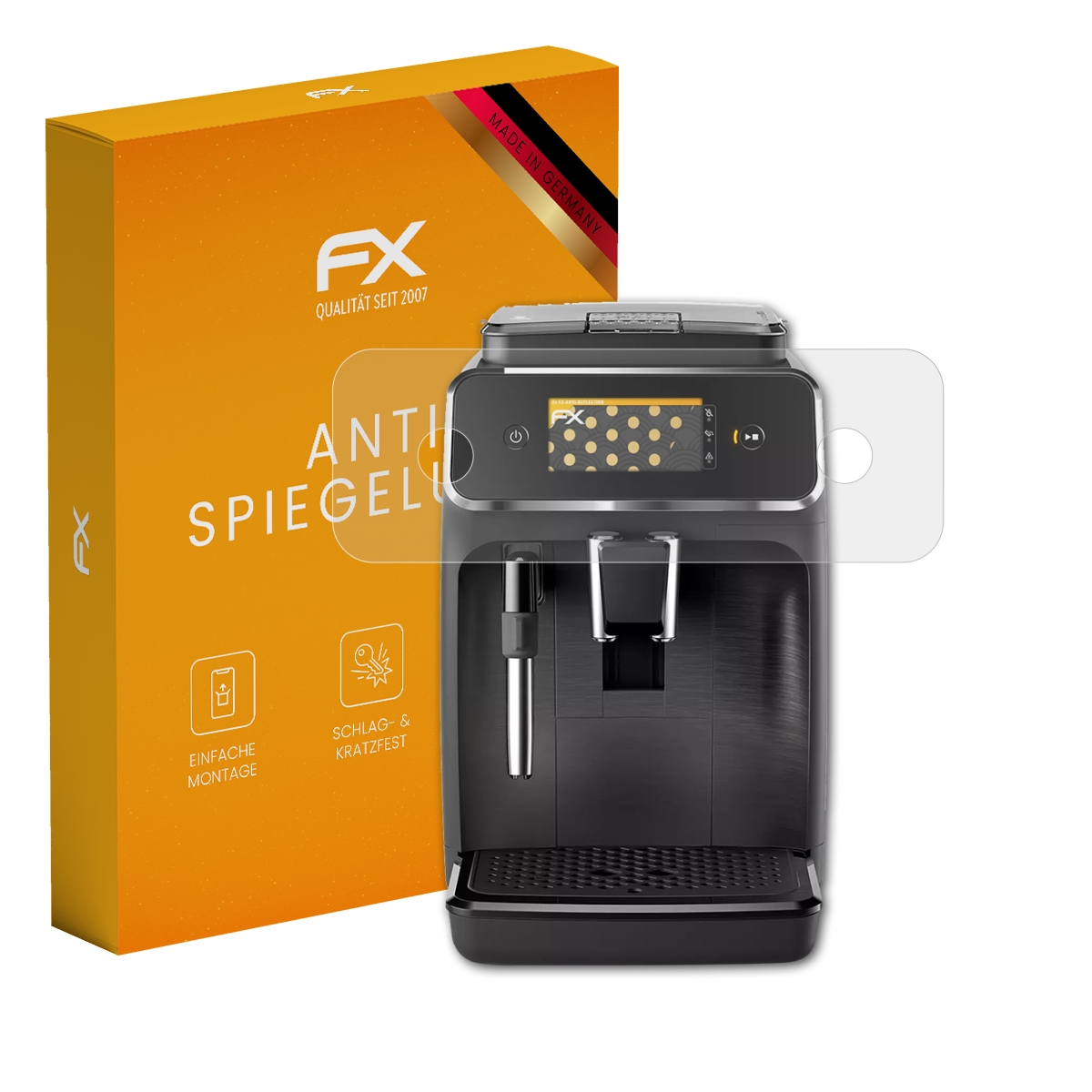 Kaffeemaschine mit Displayschutz. Box mit FX-Logo und Text. Hergestellt in Deutschland.