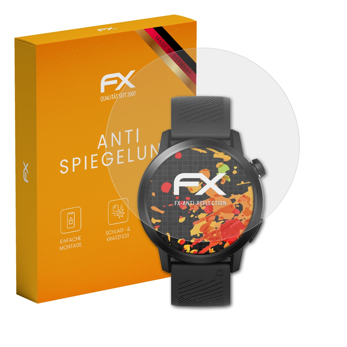 Smartwatch mit Displayschutz und Verpackung. Der Bildschirm zeigt bunte, abstrakte Kunst.