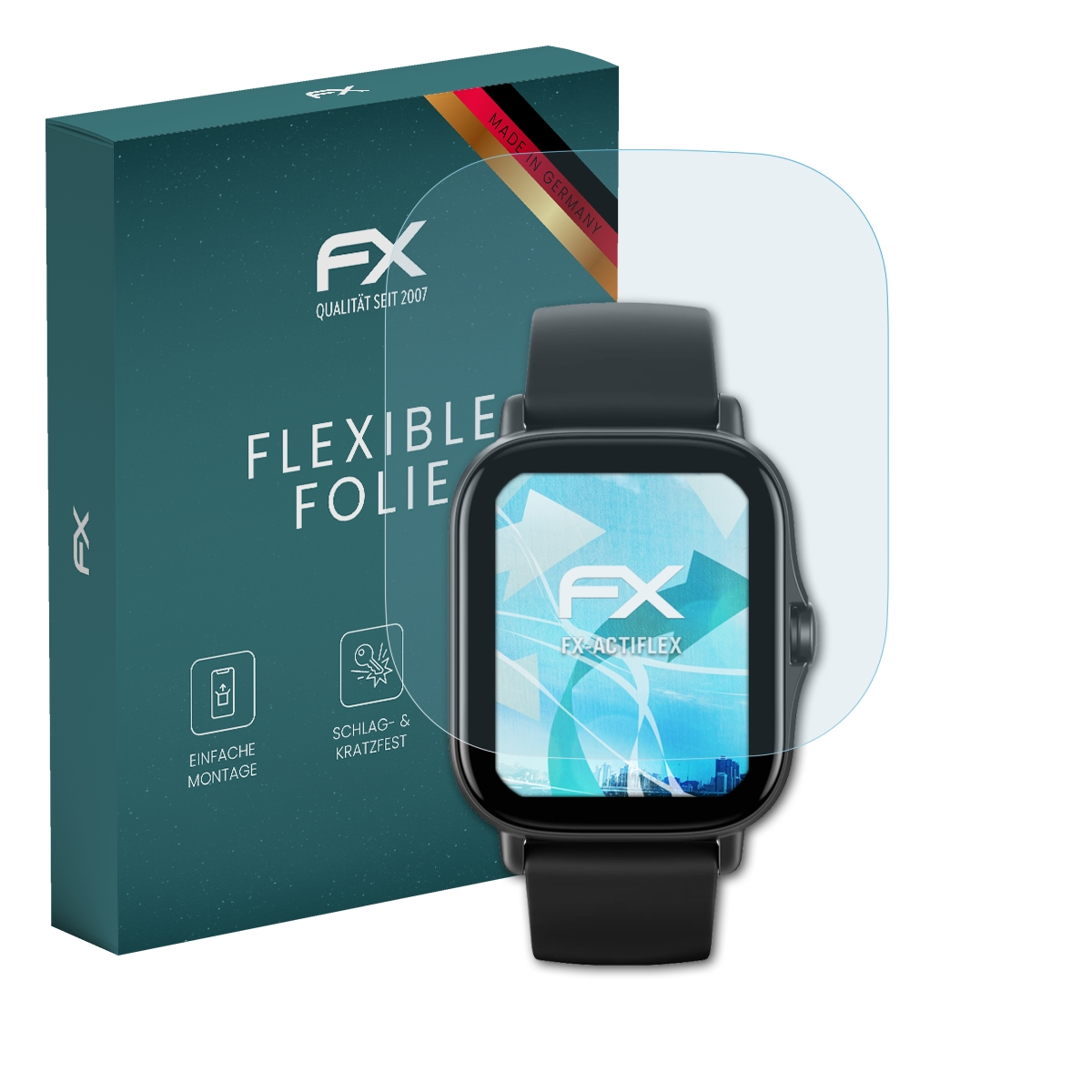 Eine schwarze Smartwatch mit Displayschutzfolie neben einer tealfarbenen Box mit Text und Symbolen.
