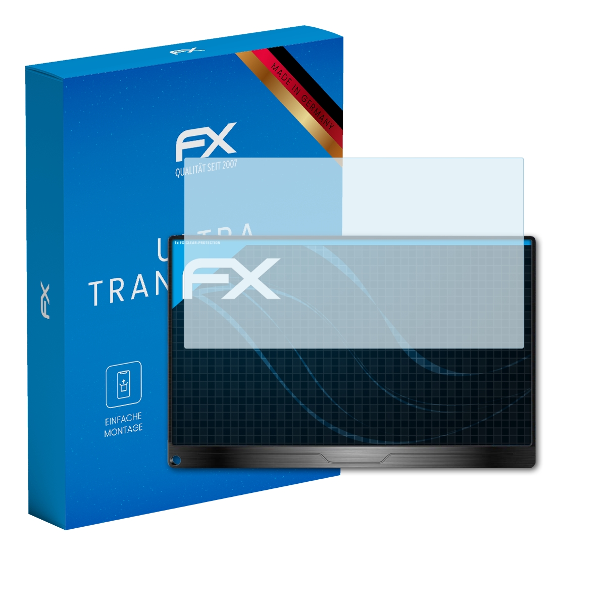 Tablet mit Displayschutz, blaue Box und weißer Hintergrund.