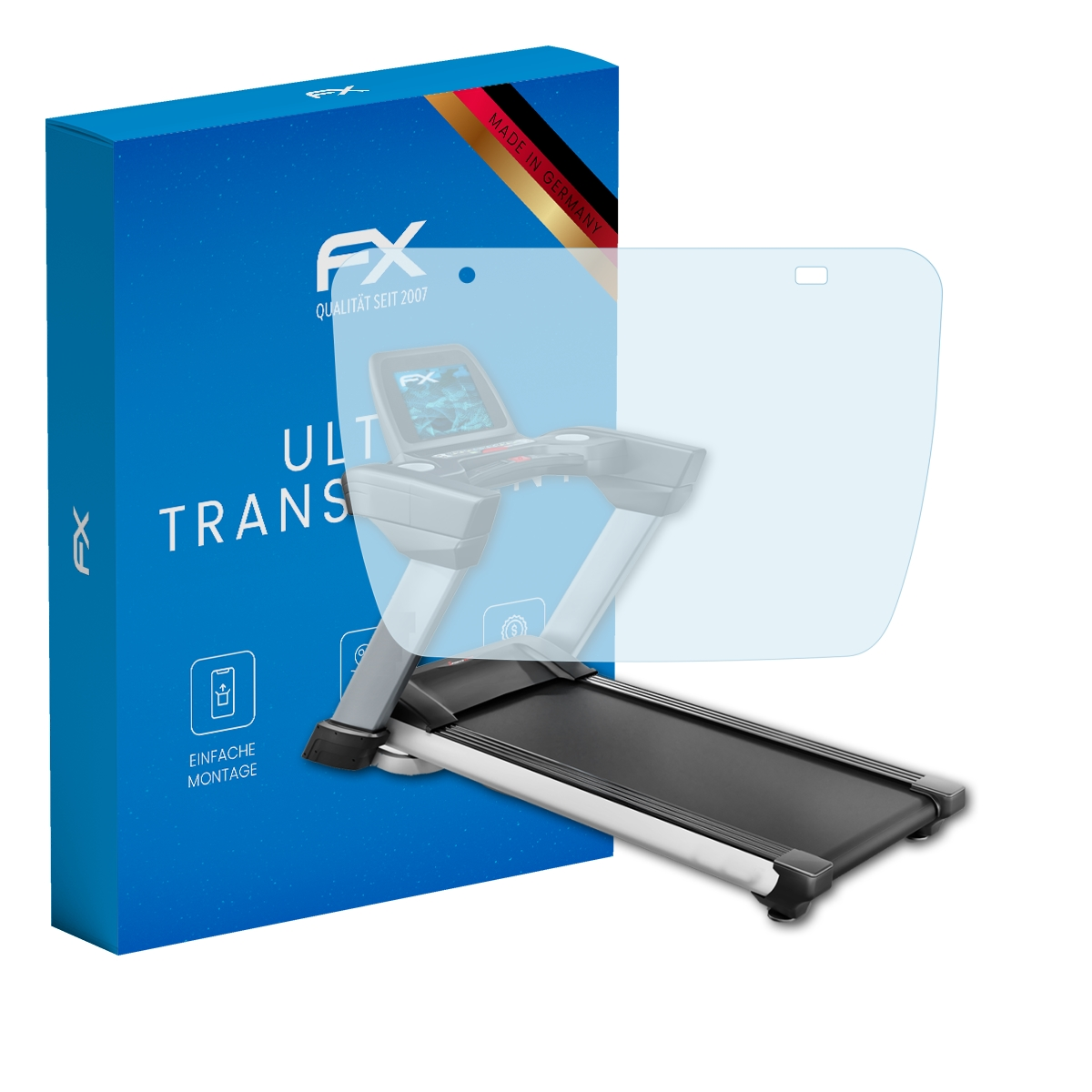 Ein Laufband mit Displayschutzfolie, neben einer blauen Box. Die Box hat deutschen Text.