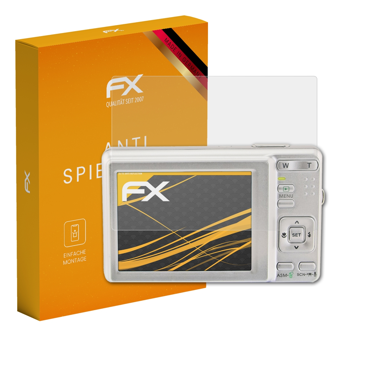 Kamera mit Displayschutz und Box, Text: Anti Spiegelung.