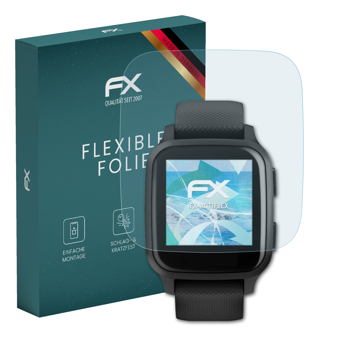 Schwarze Smartwatch mit Displayschutzfolie neben einer Schachtel mit der Aufschrift 'FLEXIBLE FOLIE'.