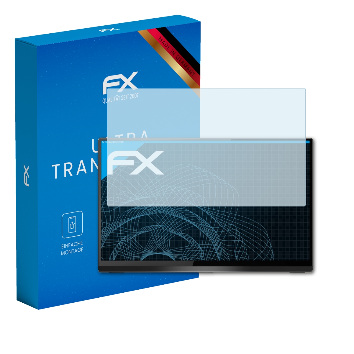 Schwarzes Tablet mit Displayschutzfolie neben einer blauen FX-Produktbox.
