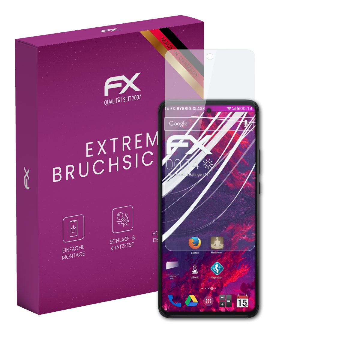 Telefon mit Displayschutz und lila Box mit deutschem Text.