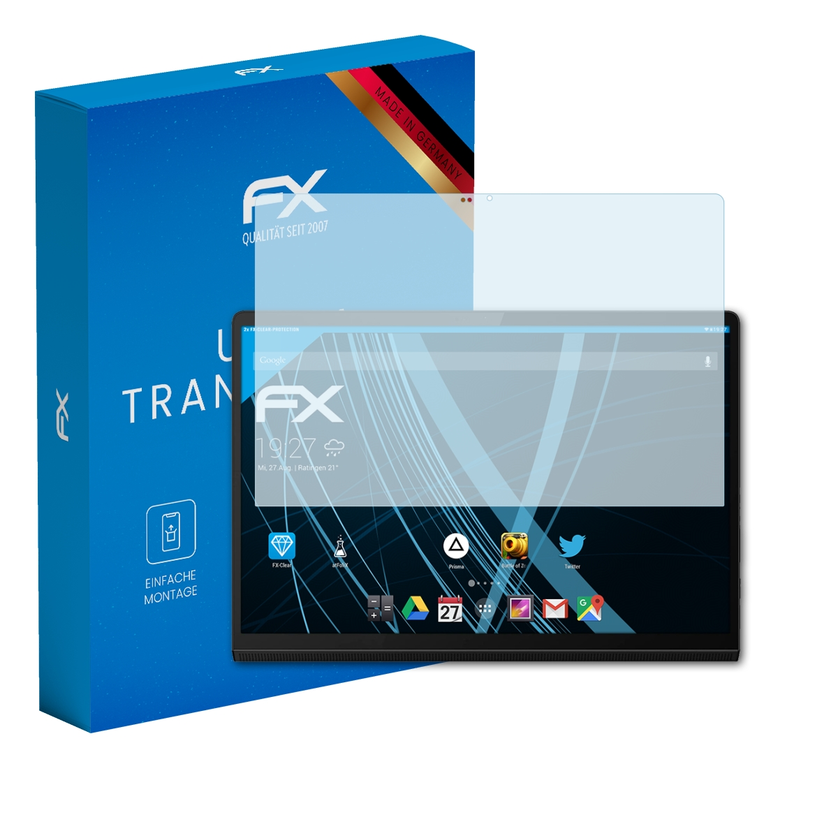 Schwarzes Tablet mit Displayschutzfolie neben einer blauen FX-Produktbox.