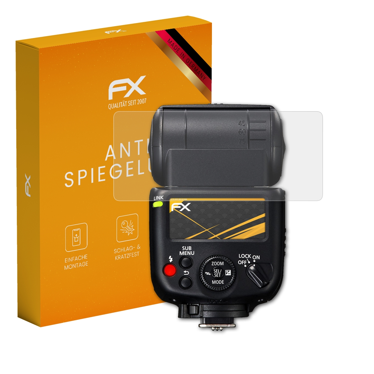 Blitzgerät und Displayschutz. Box sagt FX, Anti Spiegelu. Schutz bedeckt Blitzgerät. Blitz hat Knöpfe und Bildschirm.