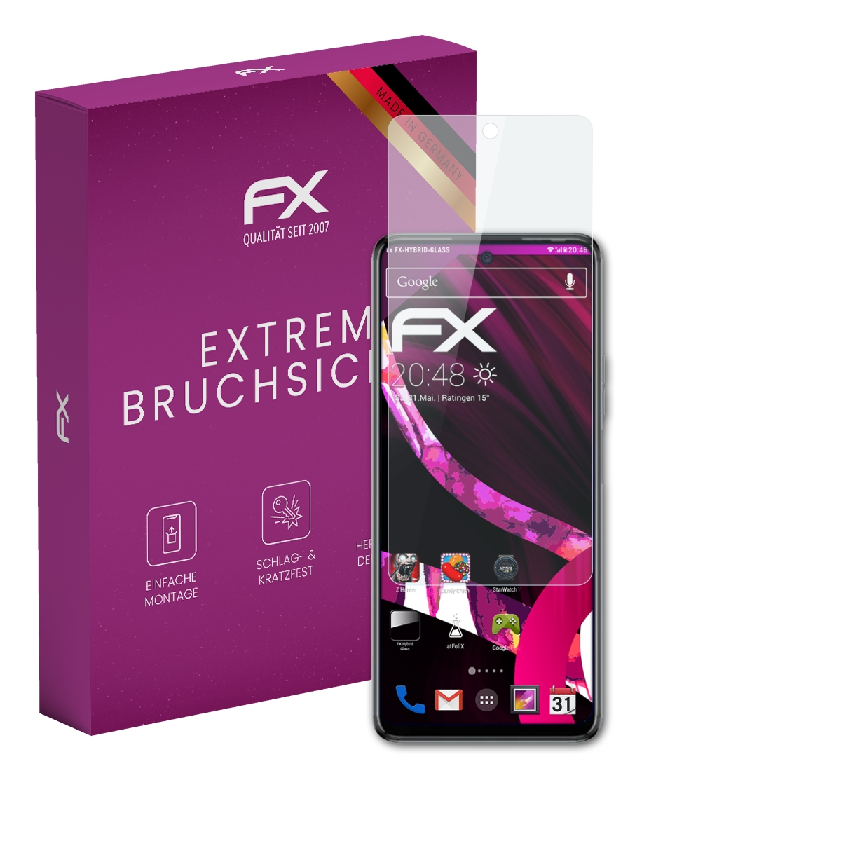 Telefon und Displayschutz. Box sagt FX, Extrem Bruchsic. Schutz bedeckt Telefon. Telefon zeigt Zeit und Symbole.