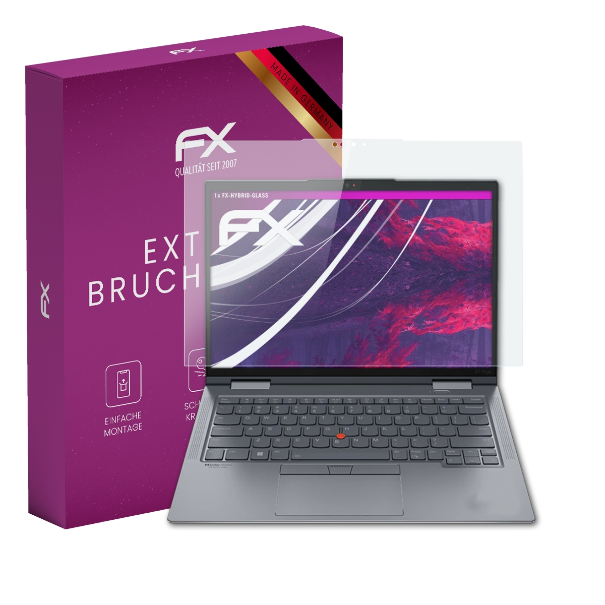 Lila Box mit Laptop und Displayschutz. Der Laptop ist geöffnet und zeigt einen Bildschirm.