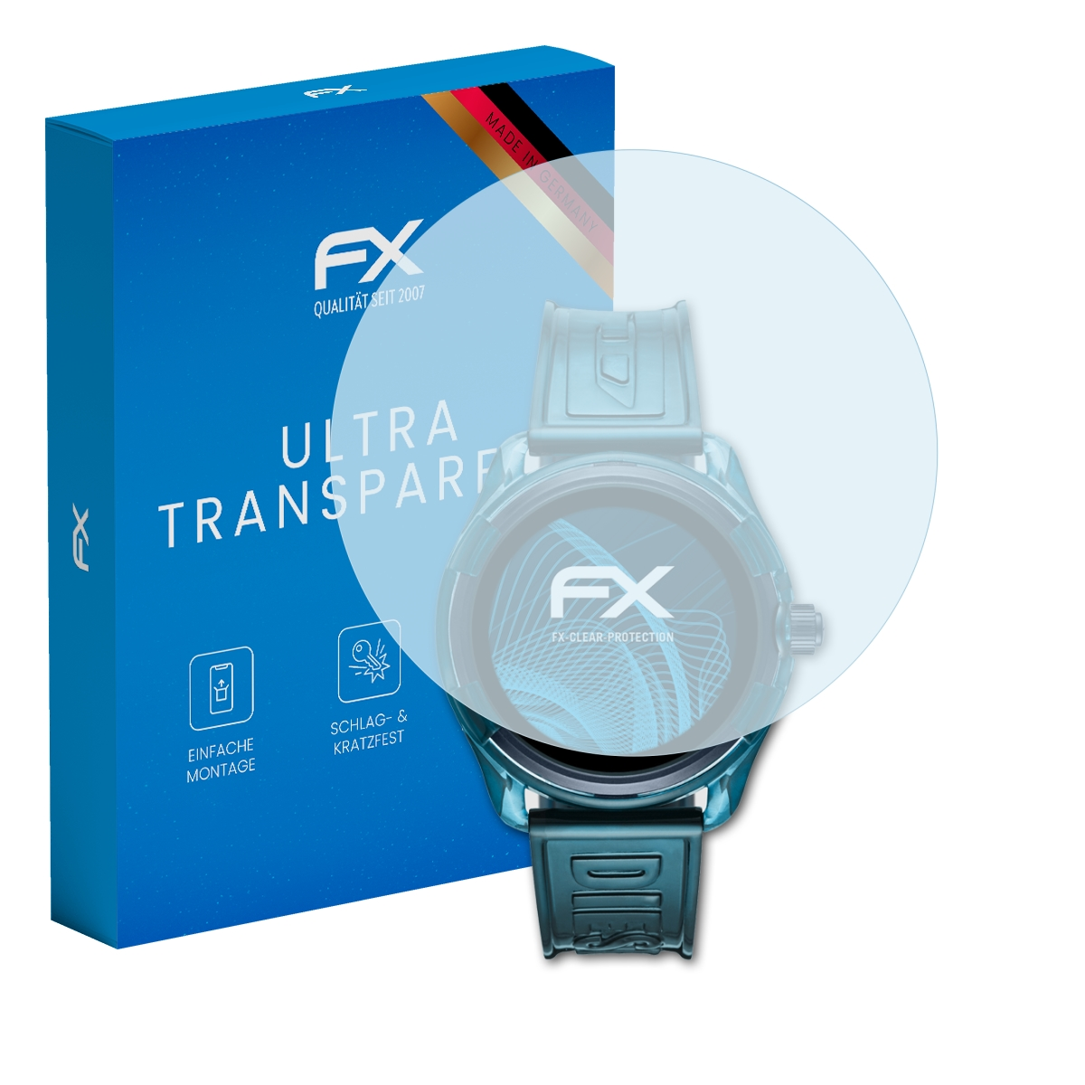 Blaue Box mit Smartwatch und Displayschutz. Die Uhr ist dunkelblau.