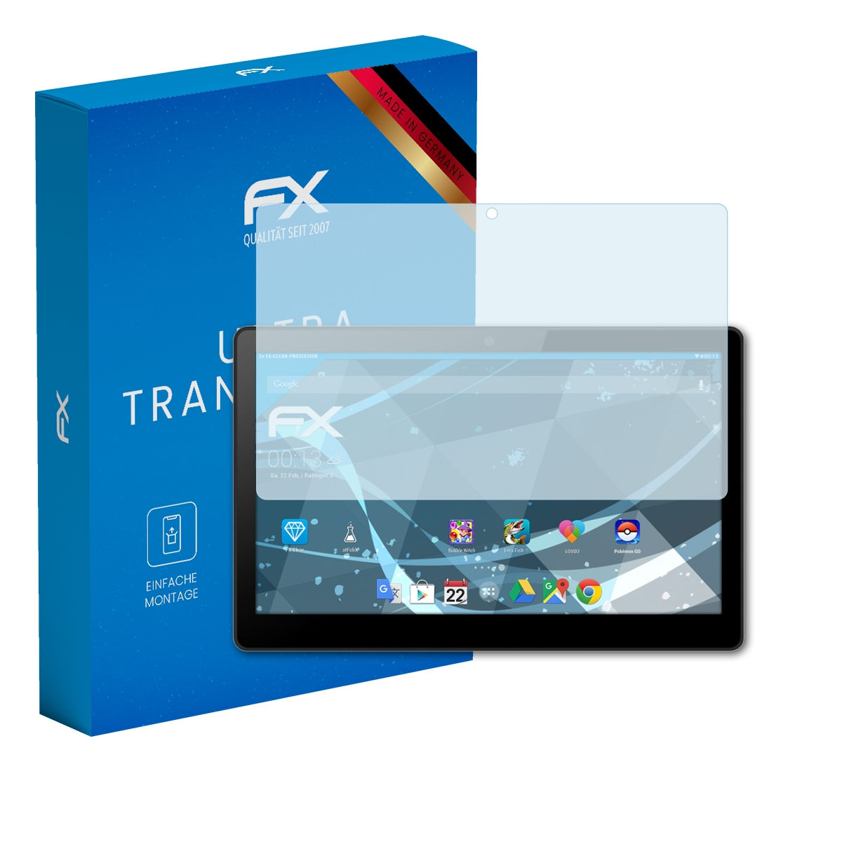 Blaue Box mit Text und Displayschutzfolie auf einem Tablet. Der Tablet-Bildschirm zeigt Apps und Zeit.