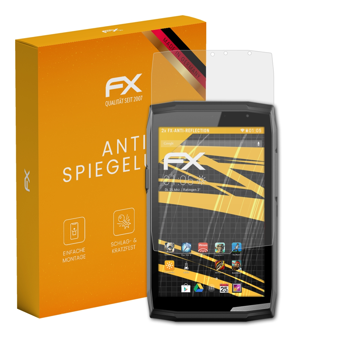 Tablet mit Displayschutzfolie, blaue Box mit 'FX' Logo und Bildschirm mit Inhalten.
