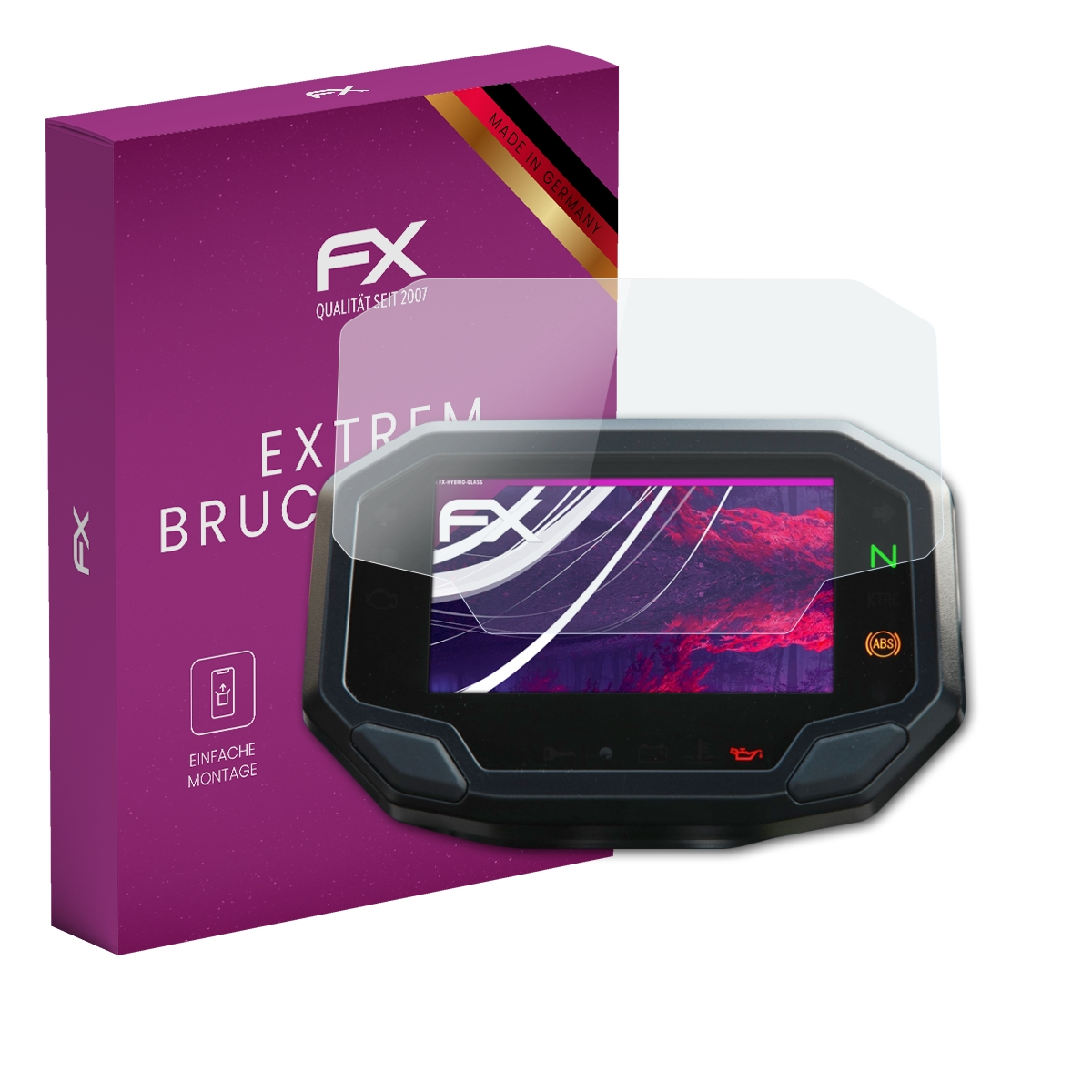 Motorrad-Dashboard mit Displayschutzfolie, eine Box mit Logo.