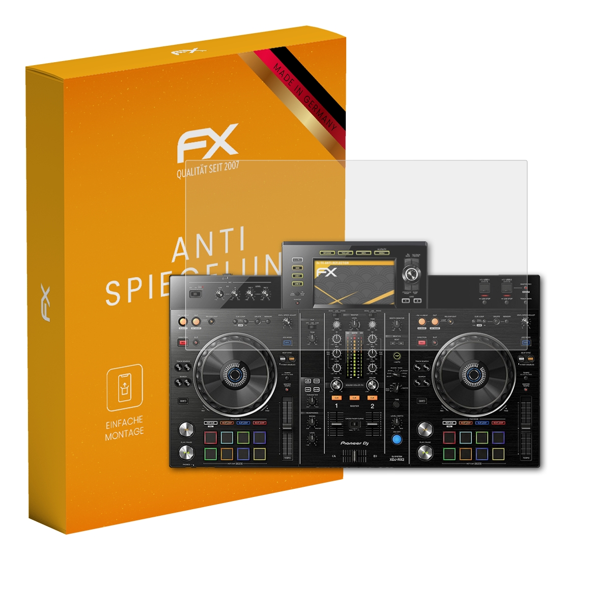 Ein DJ-Controller mit Displayschutzfolie neben einer orangefarbenen Box. Die Box hat das FX-Logo.