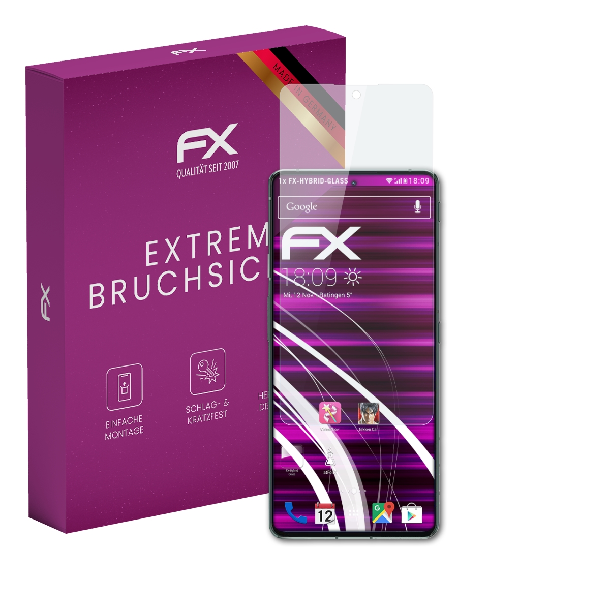 Ein Smartphone mit Displayschutzfolie und einer lila Box. Die Box hat das FX-Logo und Extremer Bruchfestigkeit Text.