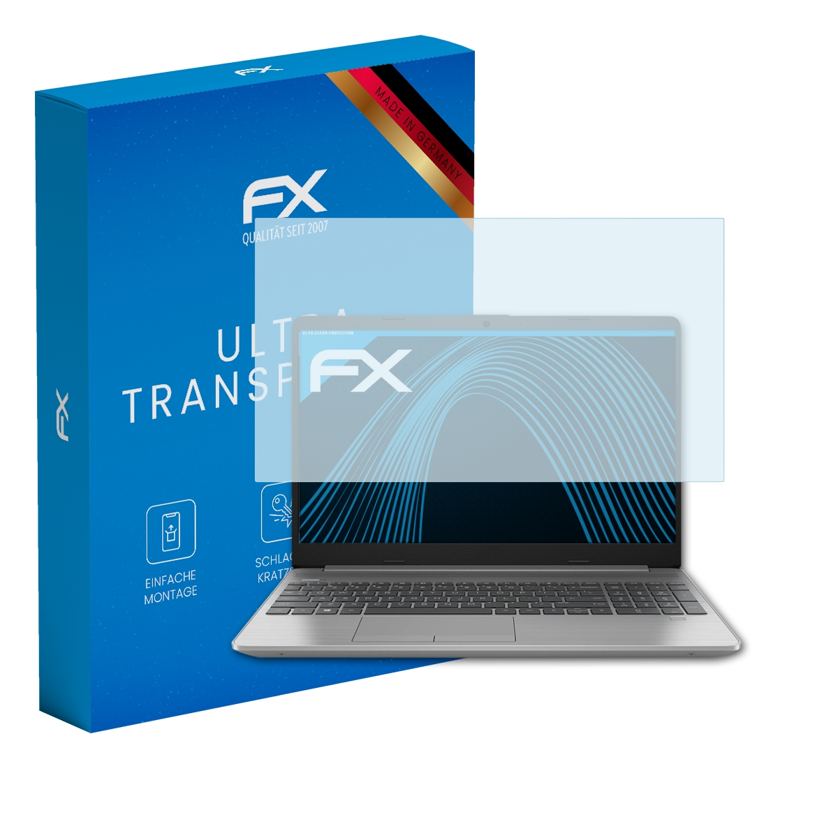 Laptop mit Displayschutzfolie, Box links. Beide haben FX-Logo. Der Bildschirm zeigt einen blauen Effekt.