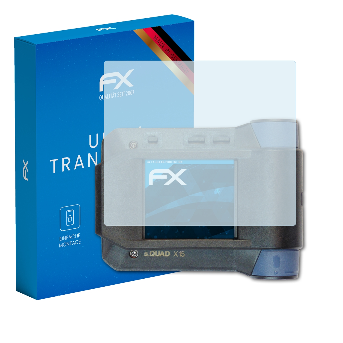 Blaue Box mit Displayschutz und Gerät. Gerät ist halbtransparent, und die Box sagt 'ULTRA TRANSPARENT'.