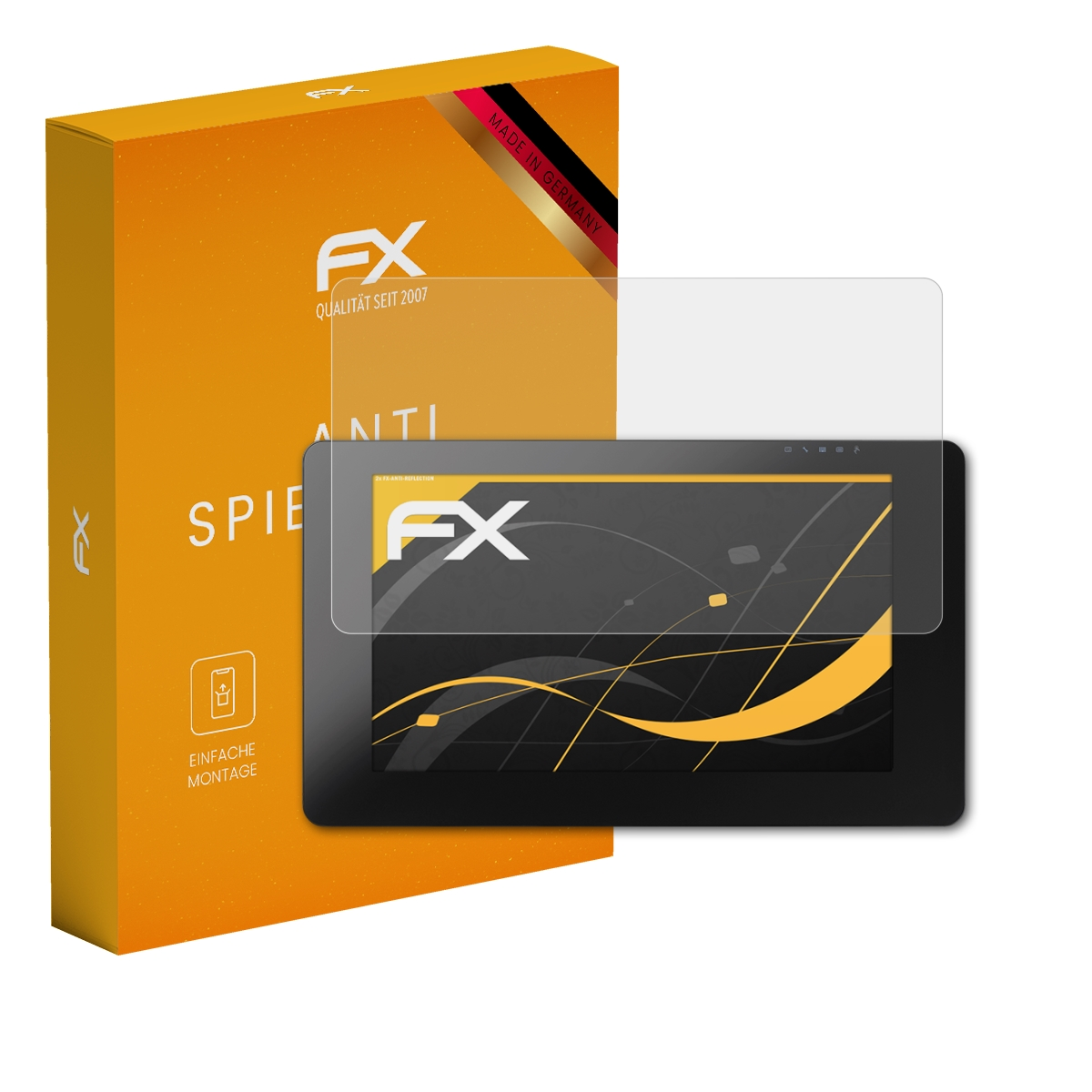 Orange Box mit Displayschutz und Gerät. Gerät hat schwarzen Bildschirm und zeigt gelbes Design. FX-Logo.