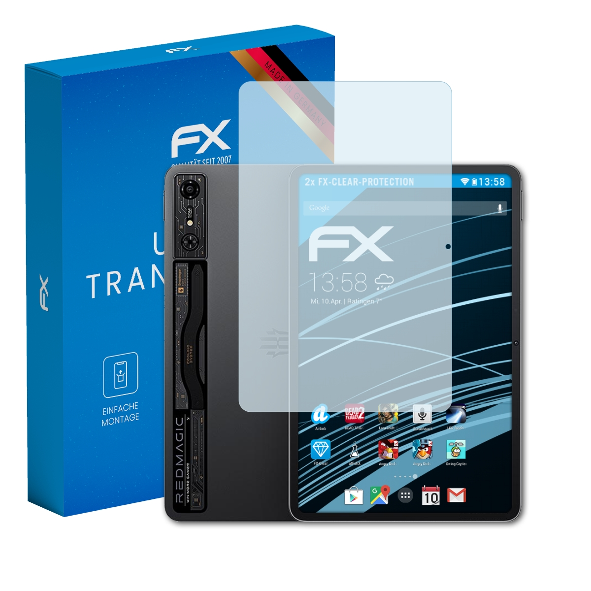 Schwarzes Telefon mit Displayschutz und blauer Box mit 'FX'-Logo. Das Telefon zeigt Symbole und Uhrzeit.