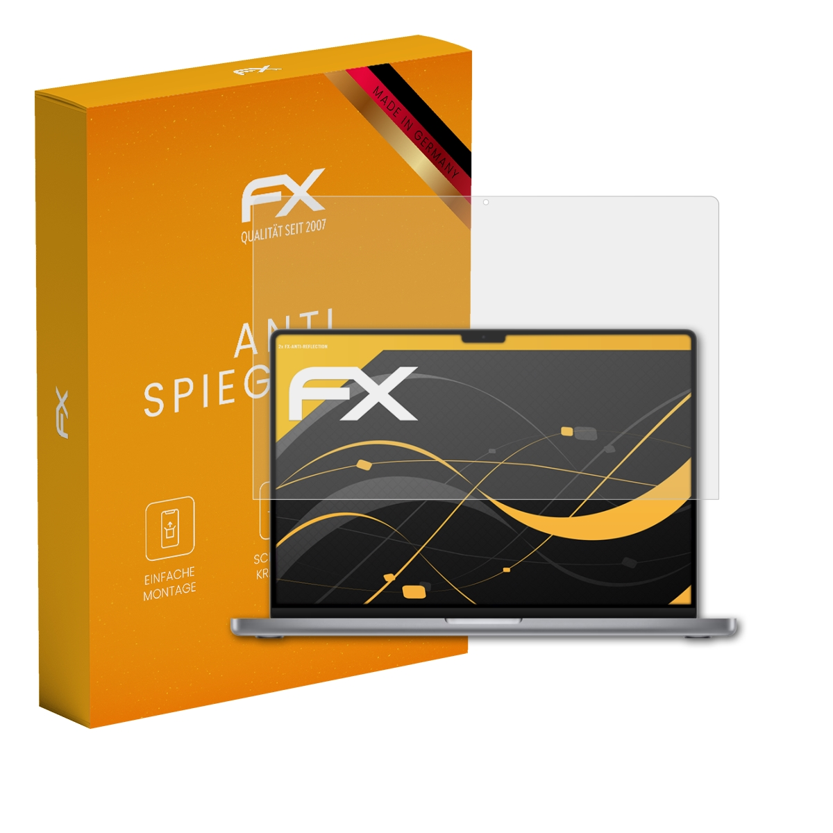 Silberner Laptop mit Displayschutz und orangefarbener Box. Box mit FX-Logo und Text. Schutz auf dem Bildschirm.