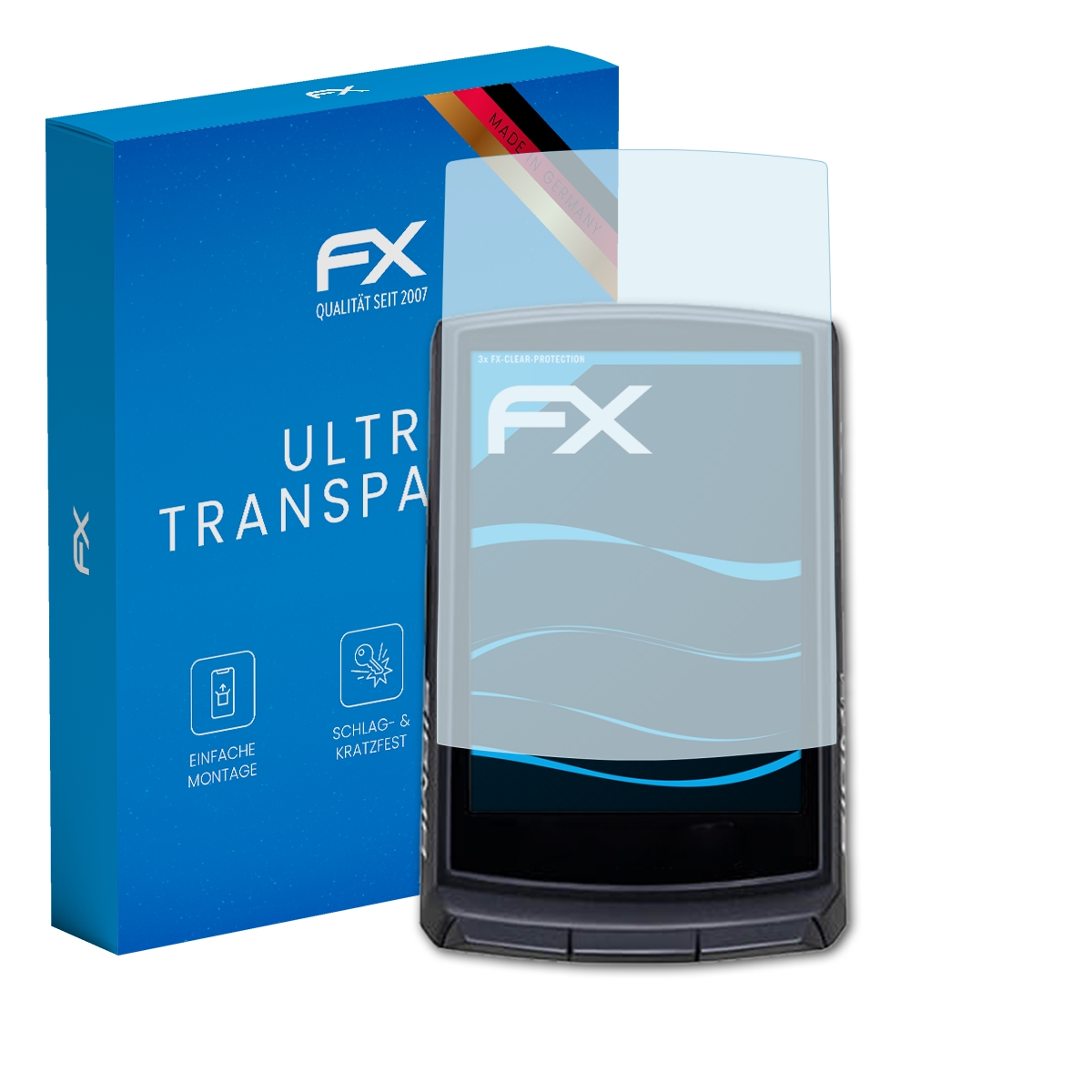 Ein Displayschutz und eine Box mit FX-Logo werden gezeigt. Der Bildschirm ist auf einem Gerät.