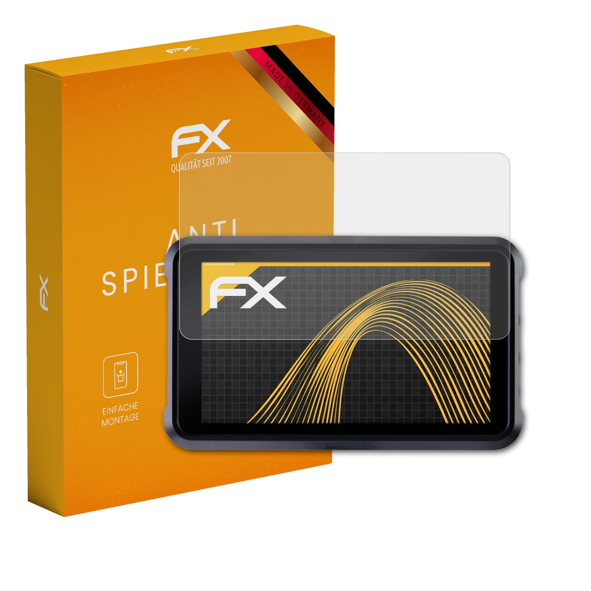 Kleines Bildschirmgerät mit Displayschutzfolie, eine Schachtel mit FX-Logo.