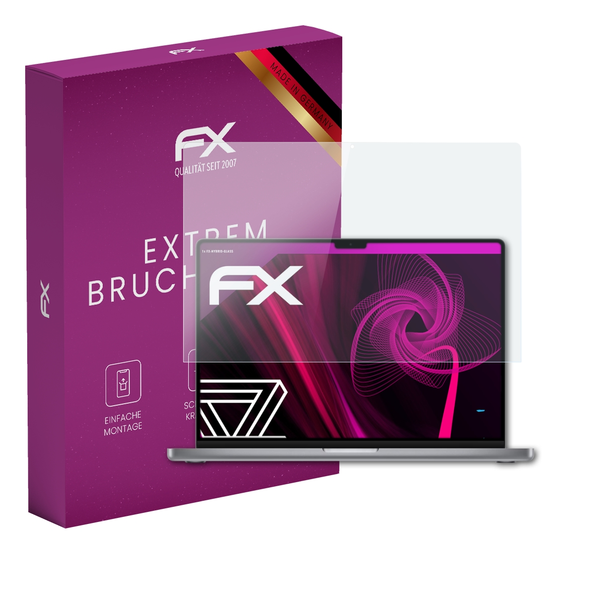 Laptop-Displayschutzfolie mit Box. Box sagt 'FX' und 'Extrem Bruch'. Schutzfolie über Laptop-Bildschirm.