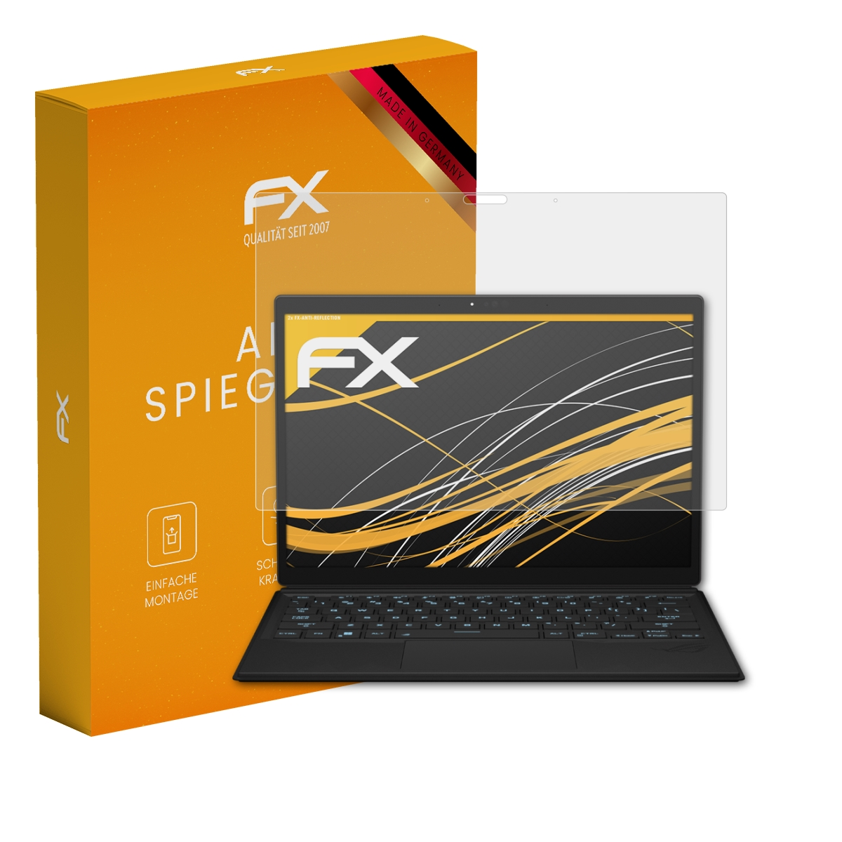 Ein Displayschutz neben einer orangefarbenen Schachtel und einem schwarzen Laptop.