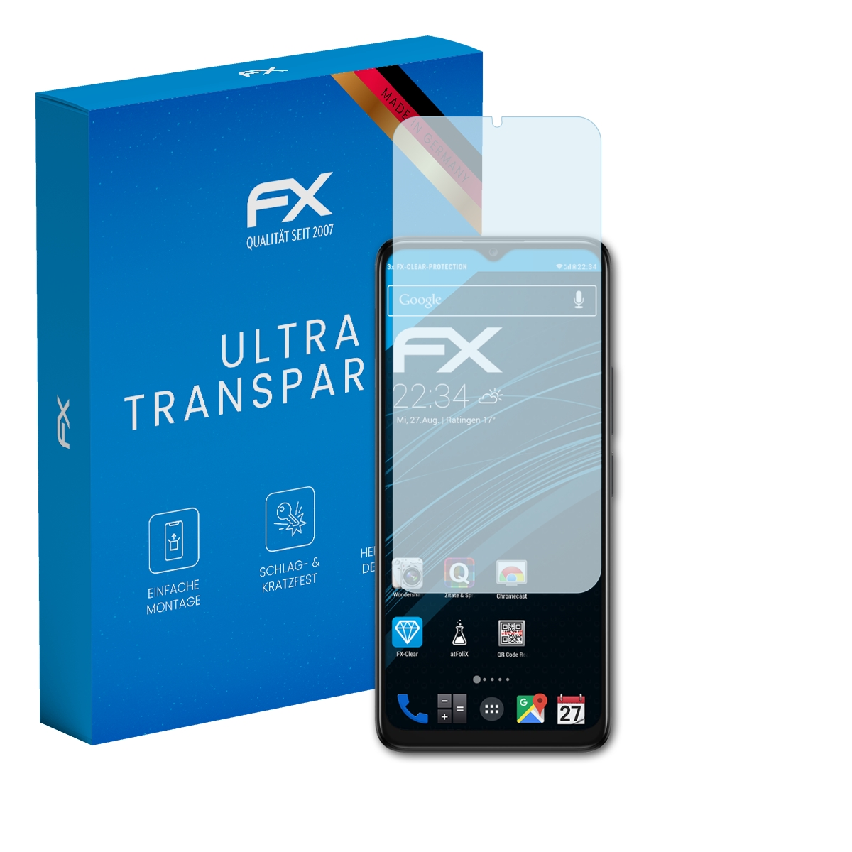 Schwarzes Smartphone mit Displayschutzfolie und Box mit der Aufschrift 'ULTRA TRANSPAR'.