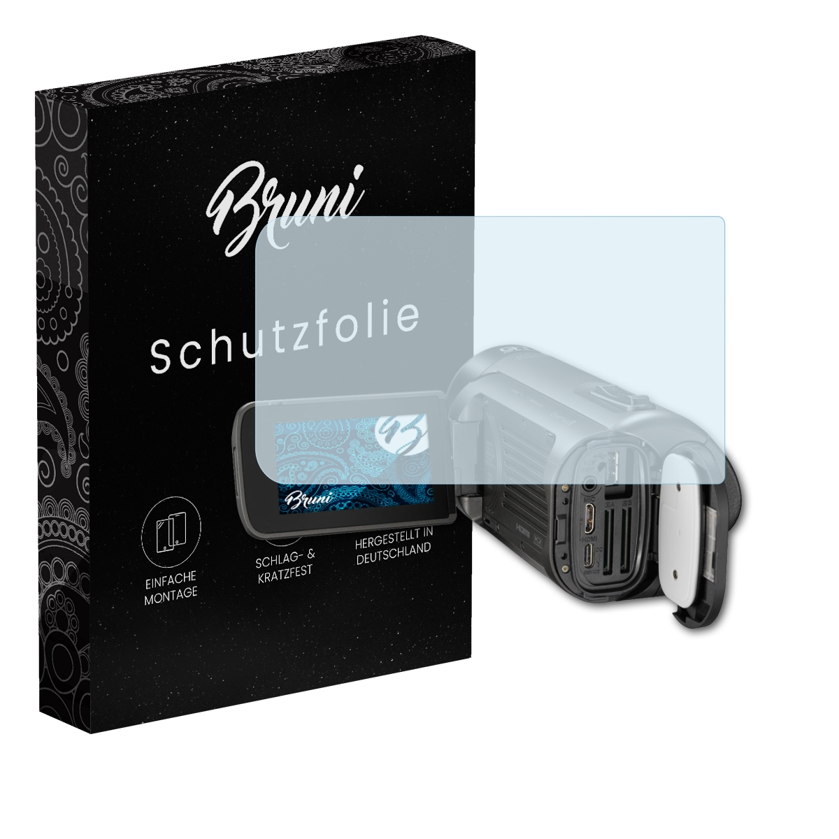 Schachtel und Displayschutzfolie für einen Camcorder. Der Displayschutz befindet sich auf dem Bildschirm des Camcorders. Die Box hat den Markennamen Bruni.