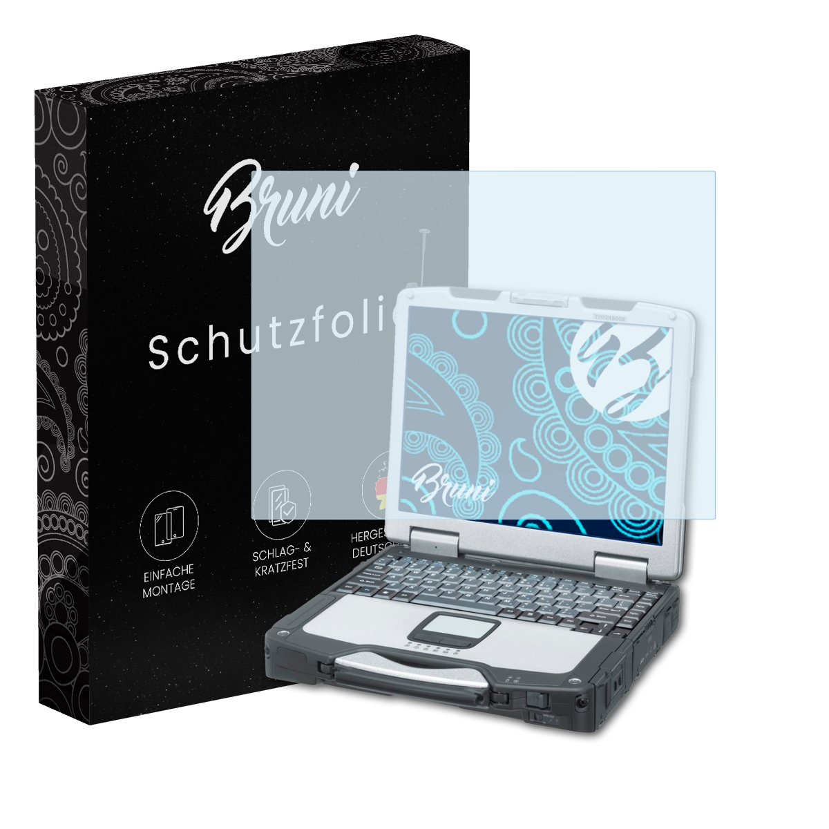 Laptop mit Displayschutzfolie, Box mit dem Markennamen 'Bruni'. Der Displayschutz ist transparent.
