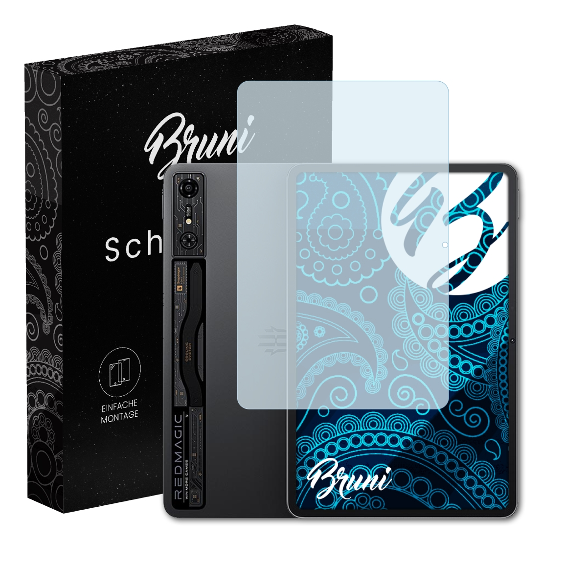 Smartphone mit Displayschutz, Box mit 'Bruni Schutzfolie'.