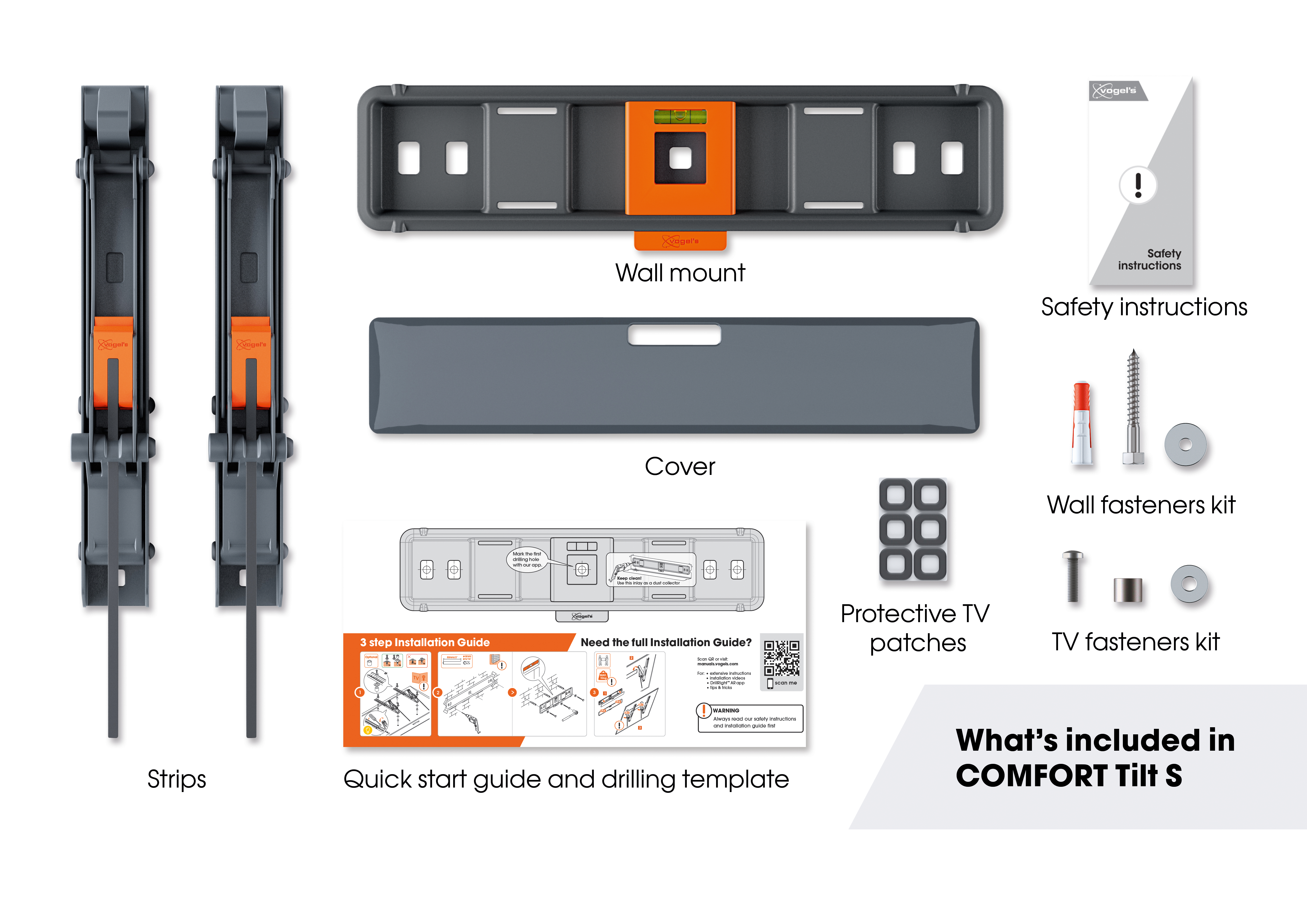 Różne elementy uchwytu TV: paski, uchwyt ścienny, osłona, mocowania, instrukcje, przewodnik.