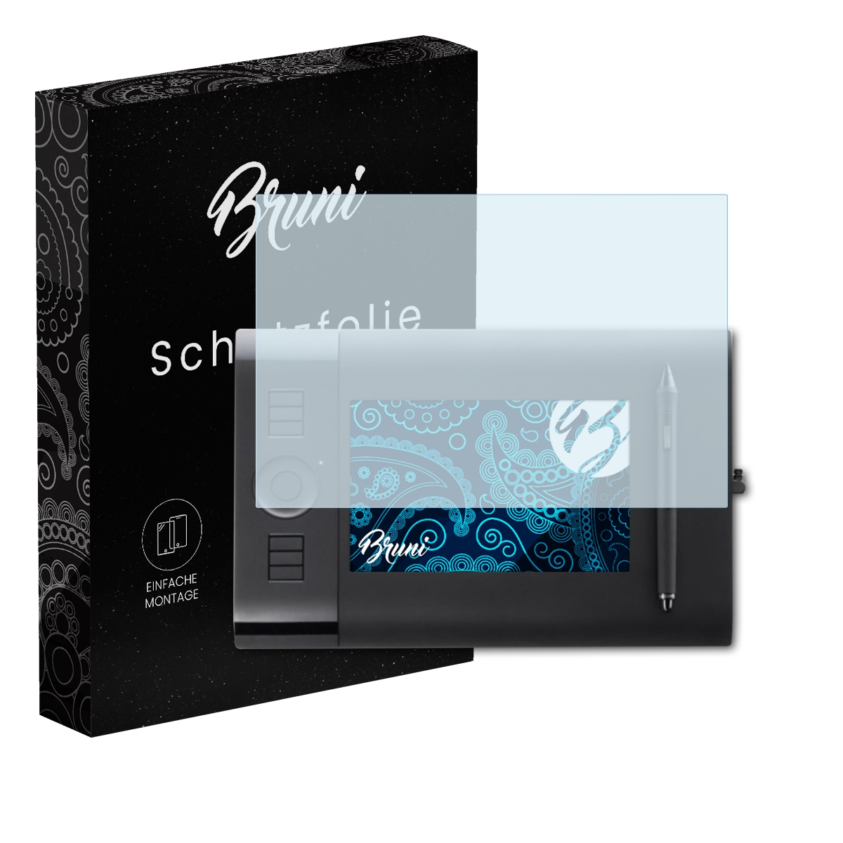 Zeichentablett mit Displayschutzfolie, Box mit 'Bruni Schutzfolie' beschriftet.