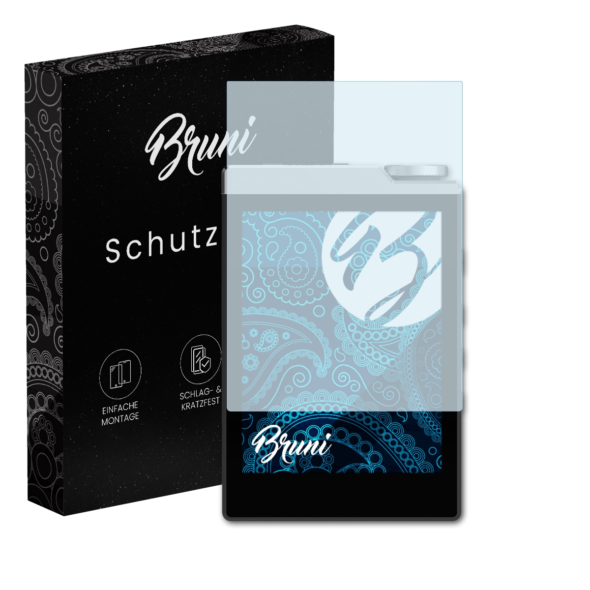 Eine schwarze Schachtel und ein Tablet mit Displayschutz. Auf der Schachtel steht 'Bruni' und 'Schutzfolie'.
