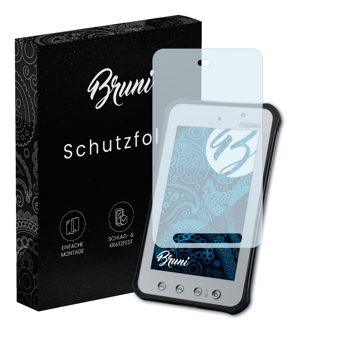 Ein Tablet mit Displayschutzfolie und einer Schachtel. Auf der Schachtel steht 'Bruni' und 'Schutzfolie'.