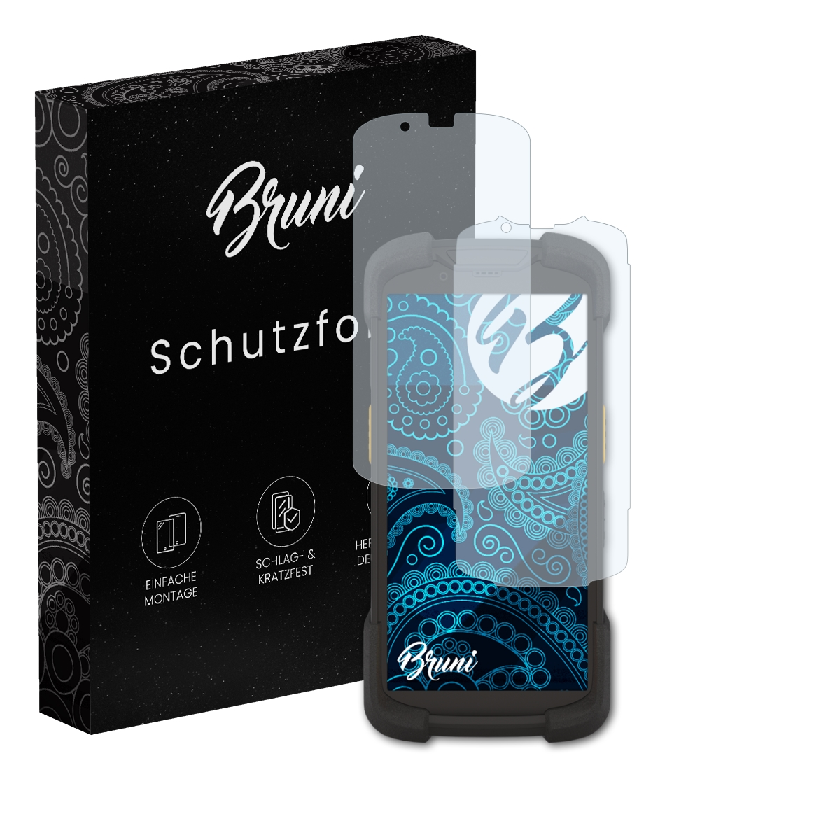 Eine Displayschutzfolie und eine Schachtel mit dem Markennamen Bruni. Der Protektor befindet sich über einem Telefon.