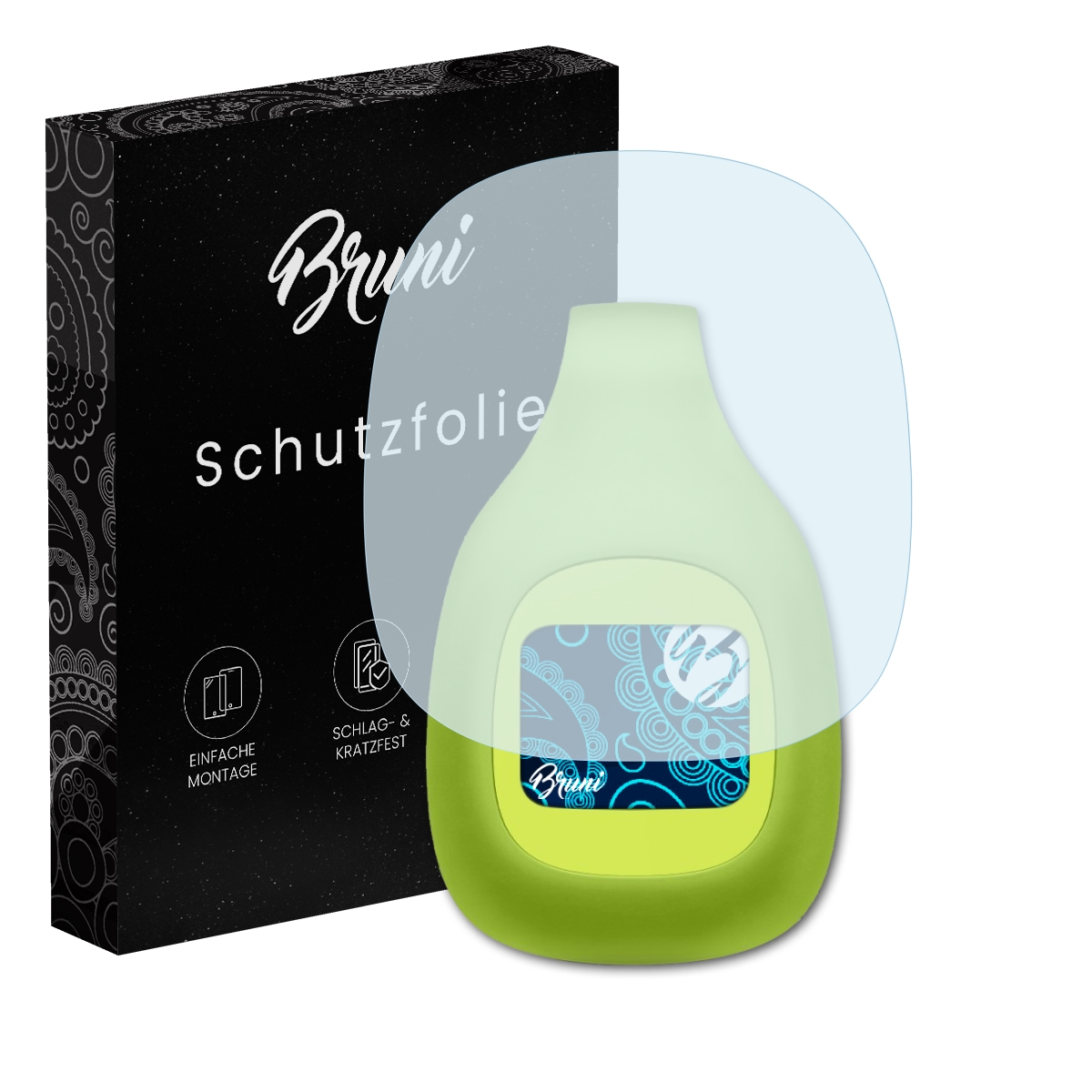 Ein Gerät mit Displayschutzfolie, eine Box mit 'Schutzfolie' und dem 'Bruni'-Logo.