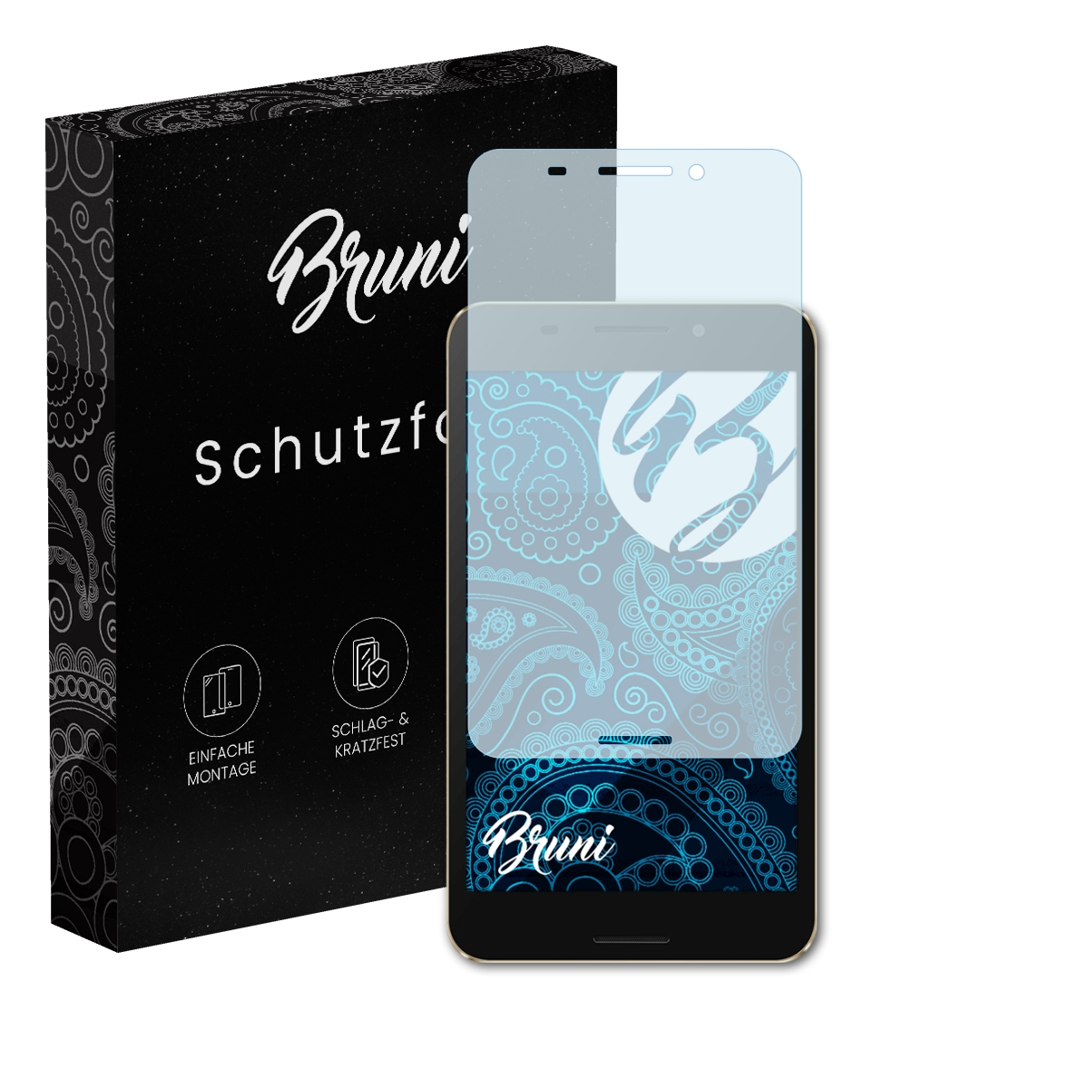 Ein Telefon mit Displayschutzfolie, eine Box mit 'Schutzfolie' und dem 'Bruni'-Logo.