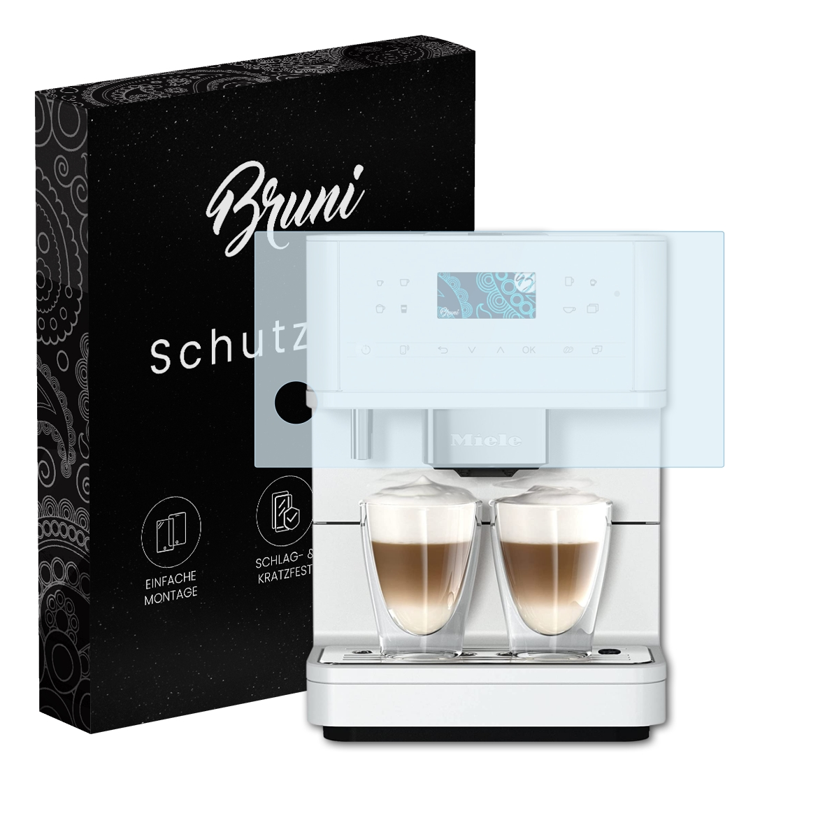 Kaffeemaschine mit Bruni-Schutz. Zwei Kaffeegläser. Schwarze Box mit floralem Design links.