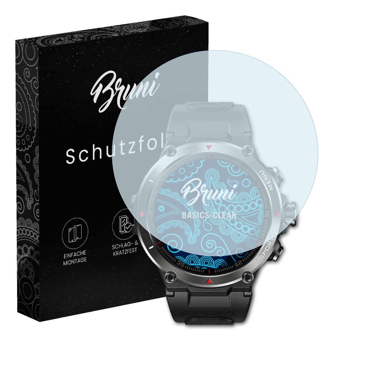 Eine Smartwatch-Displayschutzfolie und eine Box mit dem Markennamen Bruni.