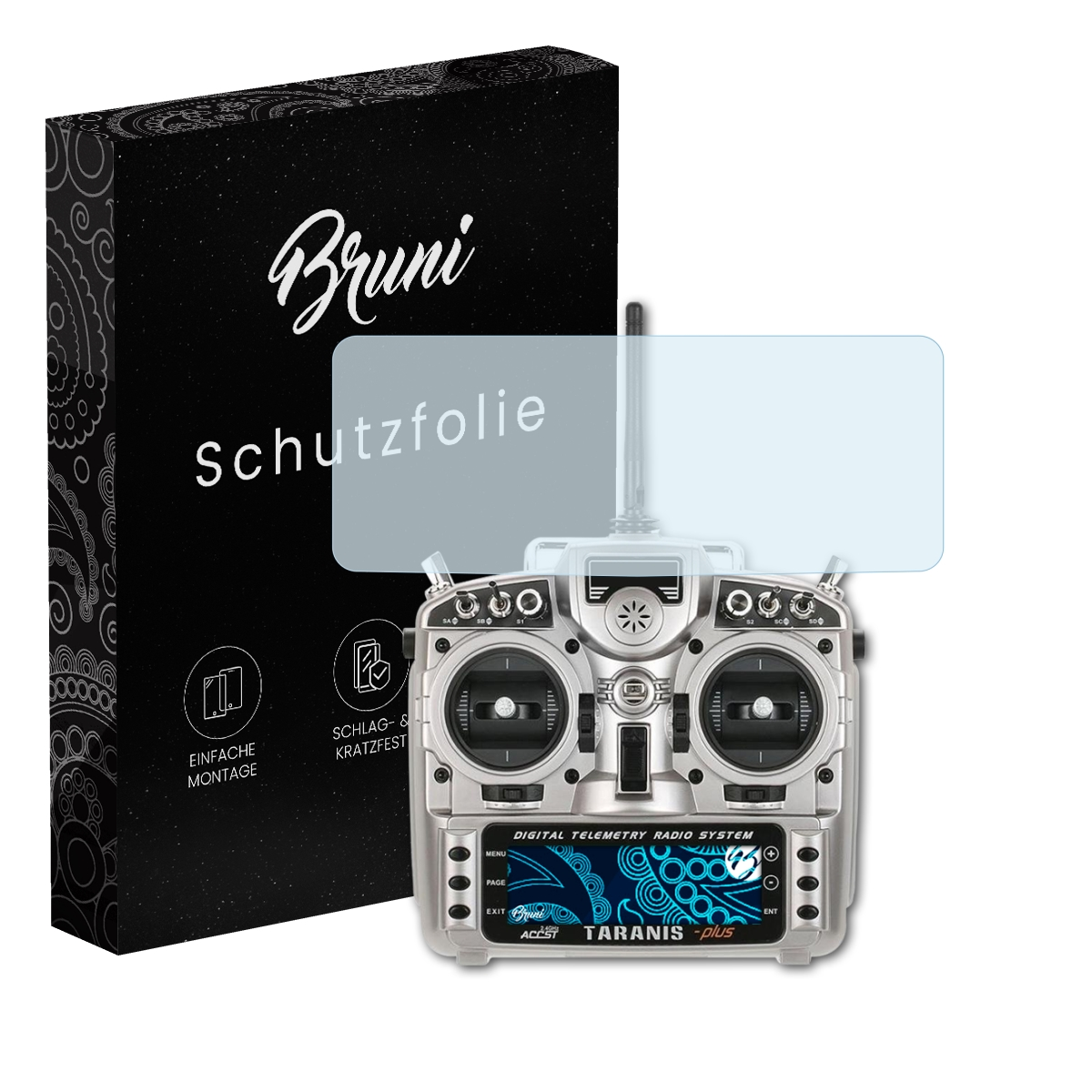 Funkfernsteuerung mit Displayschutzfolie. Schwarze Box mit 'Bruni'.