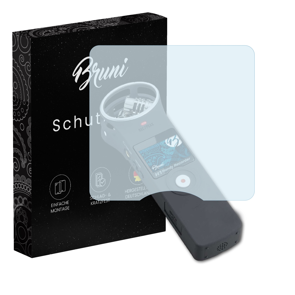 Ein Handrekorder mit Displayschutzfolie und eine schwarze Box mit Bruni-Branding.