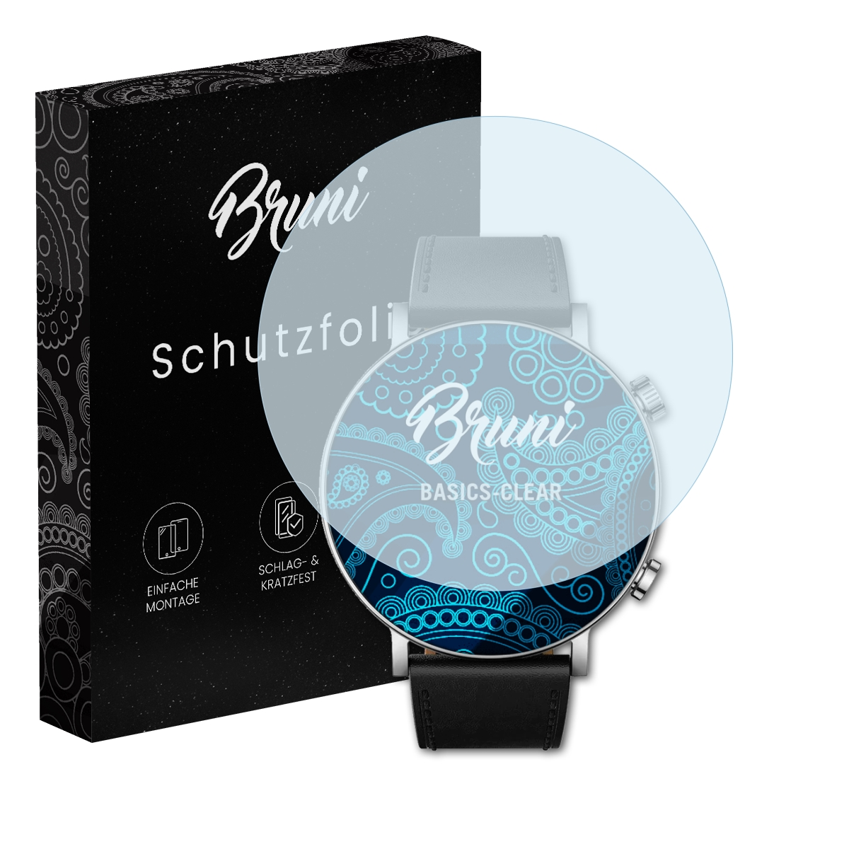 Uhr mit Displayschutzfolie, eine Box mit Text und einem Logo.